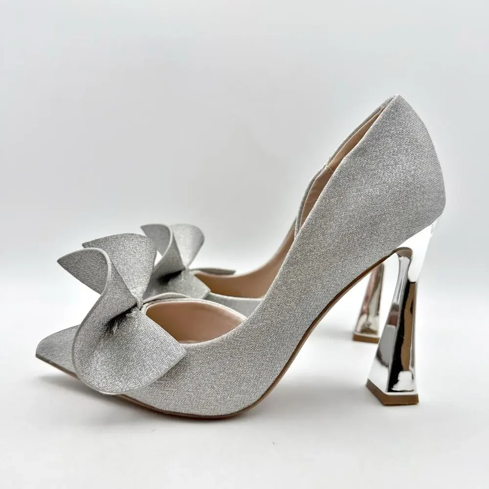 Blue by Betsey Johnson Womens Nobble High Heels Size 8 M Silver Bow NWOB